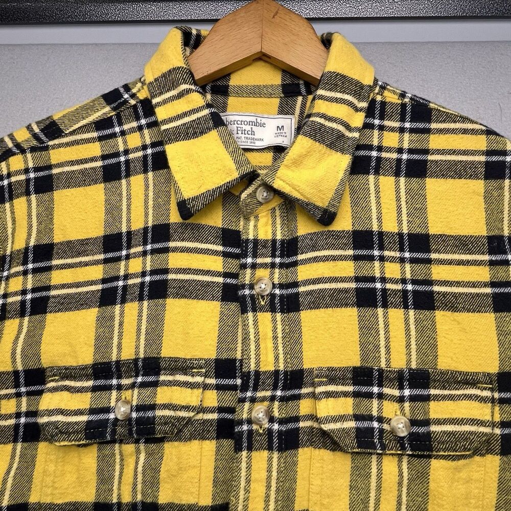 Abercrombie & Fitch Flannel Shirt Men Medium Yellow Black Plaid Button Y2K